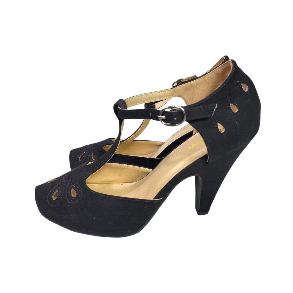 Modcloth T Strap Heels Black Pump Refreshed Zest Retro Ankle Strap Cutout Size 9